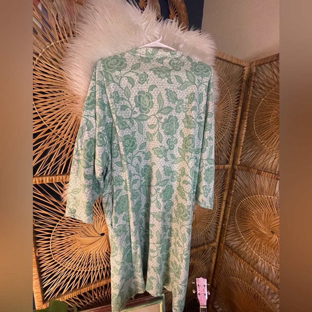 Garnet Hill Womens Asian Wrap Organic Cotton Robe Green Floral Cottagecore M - Picture 9 of 10